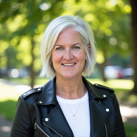 Suzanne Fox wearing a leather jacket outdoors